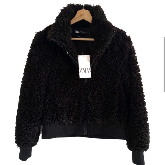 NWT Zara Black Sherpa Full Zip Fleece Bomber Jacket Size S - Picture 7 of 13